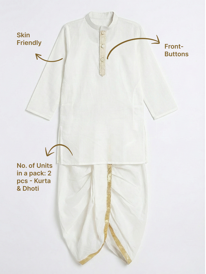 Cream Minimal Zari Embroidery Cotton Kurta Dhoti set | SHOBITAM