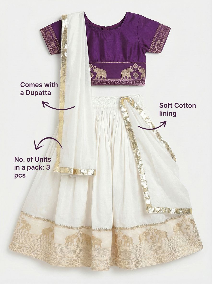 Cream Elephant Zari Embroidery Chanderi Cotton Lehenga with Stitched Purple blouse Set | SHOBITAM