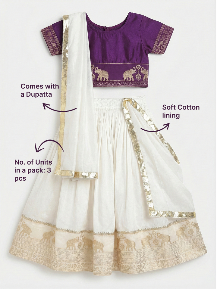 Cream Elephant Zari Embroidery Chanderi Cotton Lehenga with Stitched Purple blouse Set | SHOBITAM