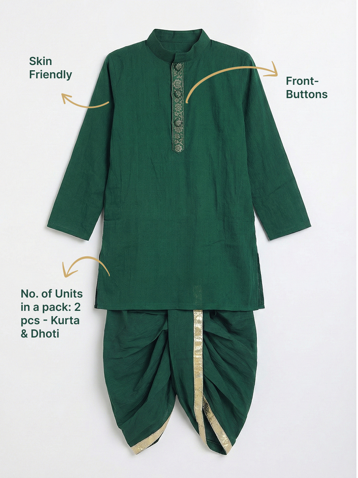 Green Minimal Zari Embroidery Cotton Kurta Dhoti set | SHOBITAM