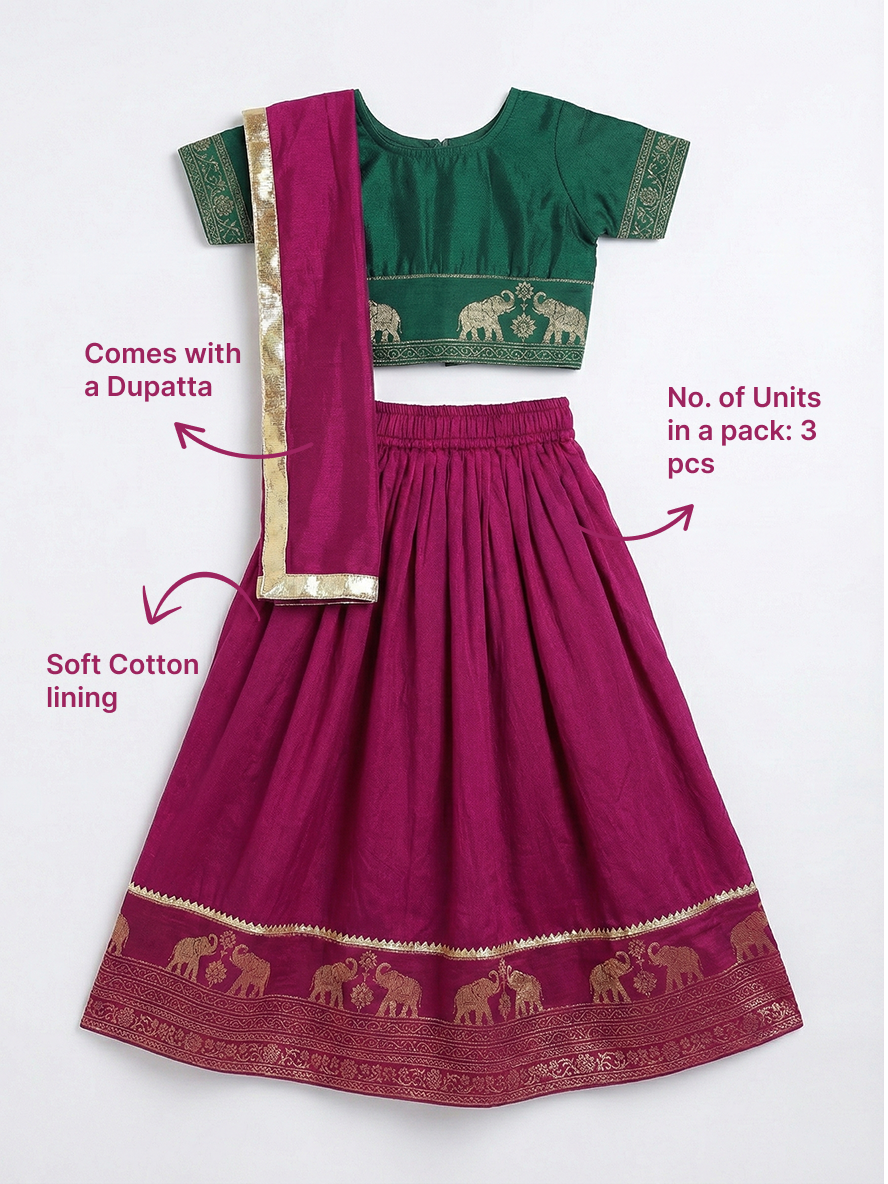 Grapevine Elephant Zari Embroidery Chanderi Cotton Lehenga with Stitched Green Blouse Set | SHOBITAM
