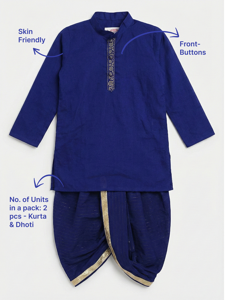 Blue Minimal Zari Embroidery Cotton Kurta Dhoti set | SHOBITAM