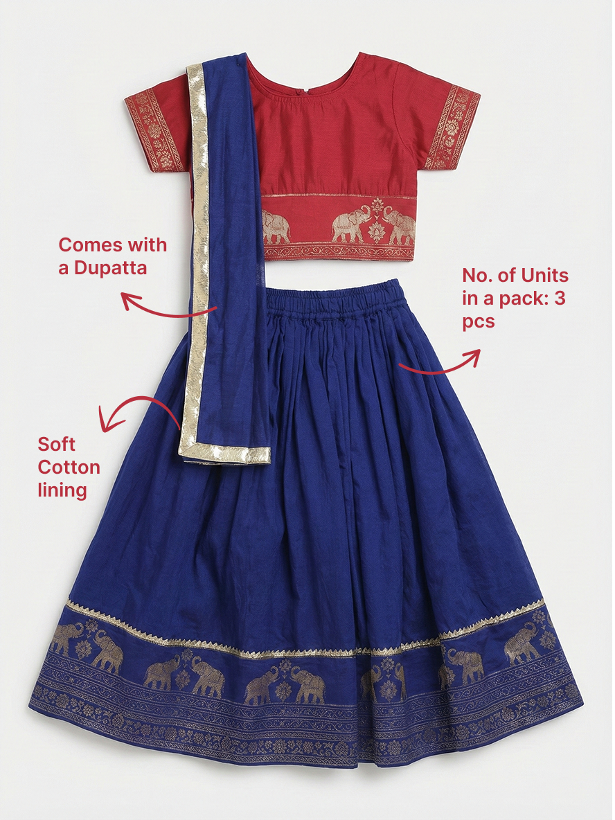 Blue Elephant Zari Embroidery Chanderi Cotton Lehenga with Stitched Red Blouse Set | SHOBITAM