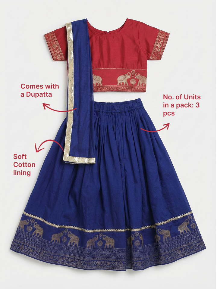 Blue Elephant Zari Embroidery Chanderi Cotton Lehenga with Stitched Red Blouse Set | SHOBITAM