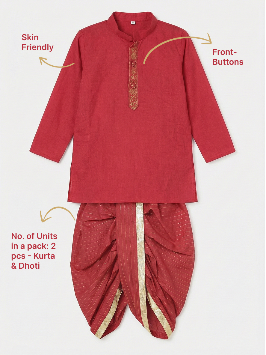 Red Minimal Zari Embroidery Cotton Kurta Dhoti set | SHOBITAM