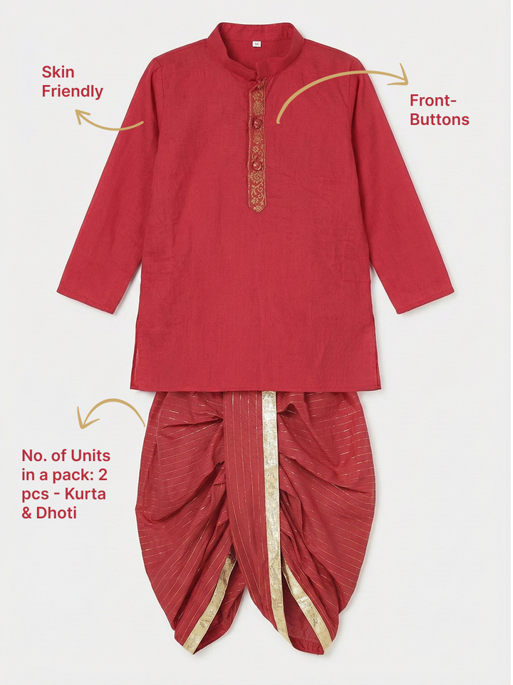 Red Minimal Zari Embroidery Cotton Kurta Dhoti set | SHOBITAM