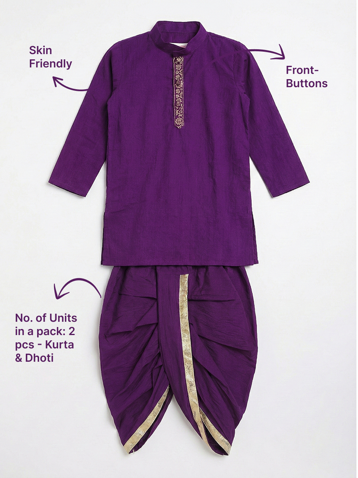 Purple Minimal Zari Embroidery Cotton Kurta Dhoti set | SHOBITAM