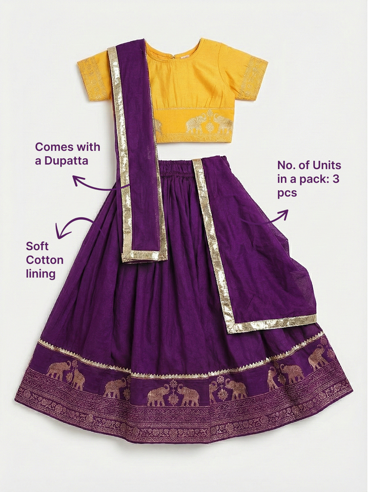 Purple Elephant Zari Embroidery Chanderi Cotton Lehenga with Stitched Yellow Blouse Set | SHOBITAM