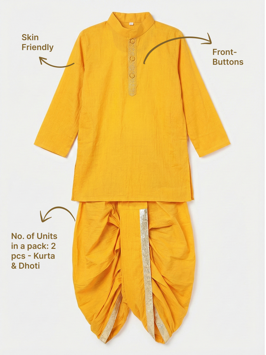 Yellow Minimal Zari Embroidery Cotton Kurta Dhoti set | SHOBITAM