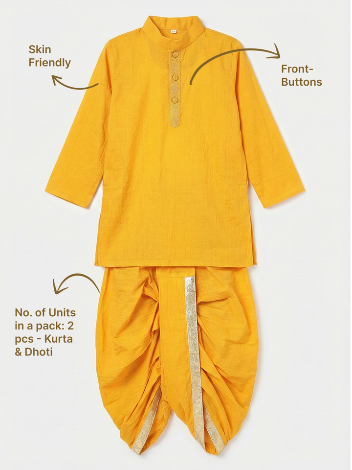 Yellow Minimal Zari Embroidery Cotton Kurta Dhoti set | SHOBITAM