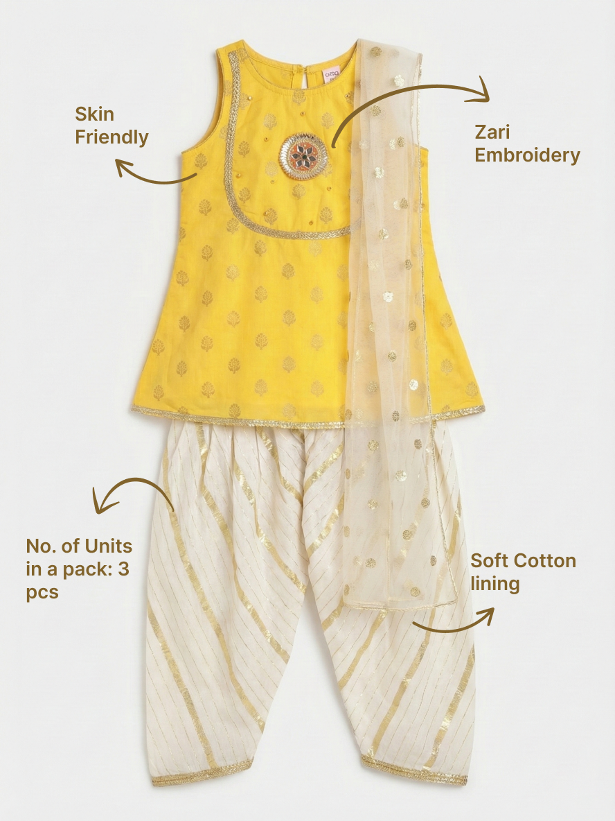 Yellow Cream Floral Zari Embroidery Cotton Kurta Salwar Set with Dupatta | SHOBITAM
