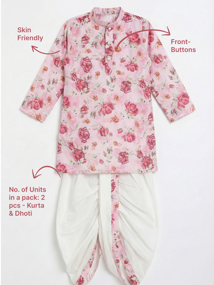 Blush Pink Rose Muslin Kurta with Cotton Dhoti | SHOBITAM