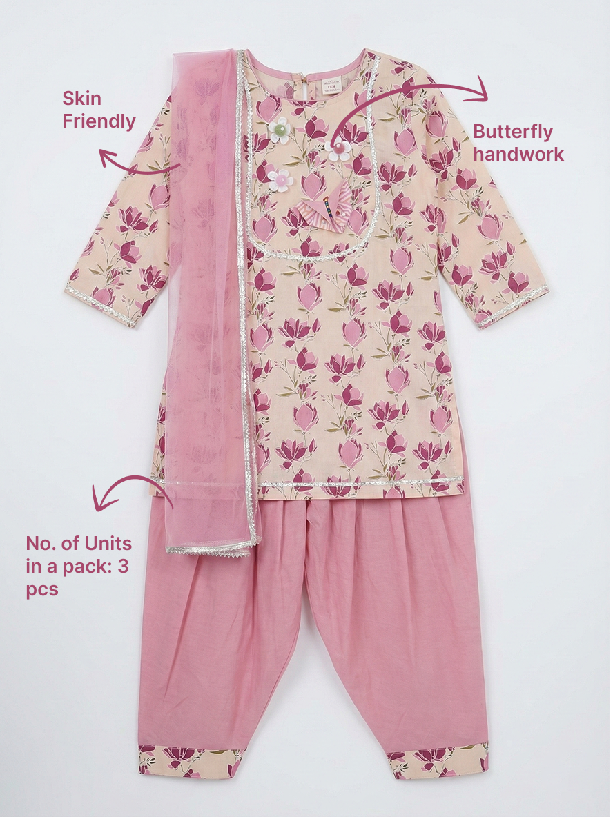 Peach Lotus Print Cotton Kurta Salwar Set with Butterfly handwork and Dupatta | SHOBITAM