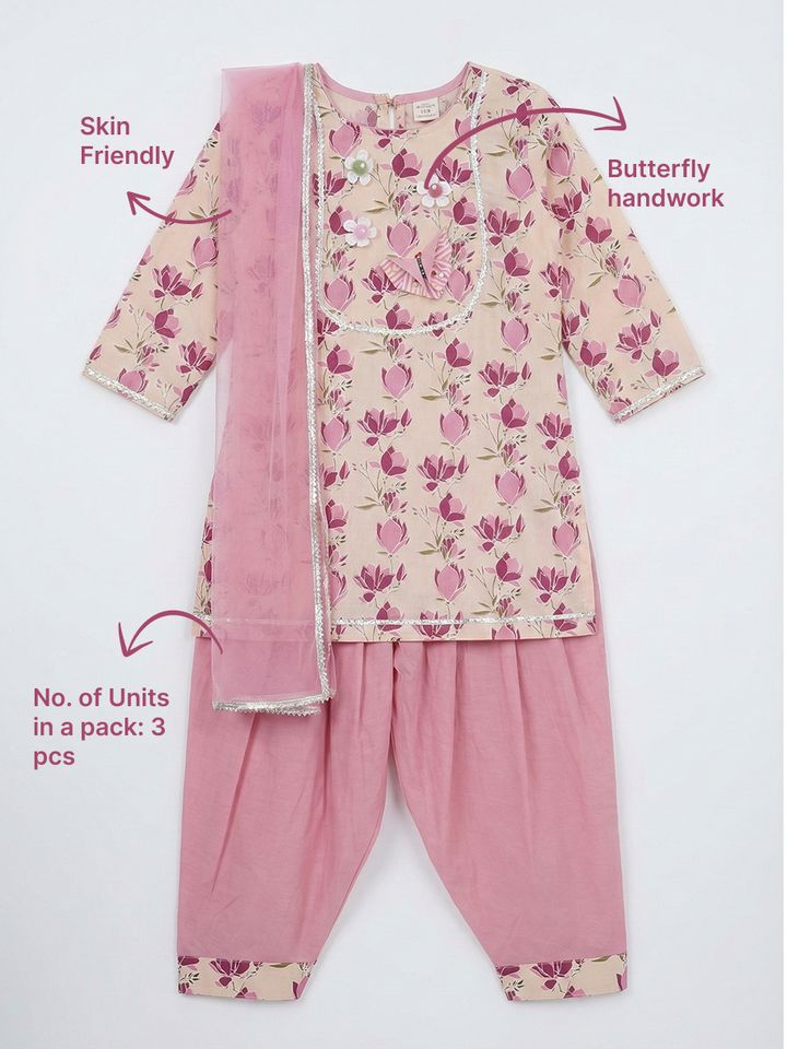 Peach Lotus Print Cotton Kurta Salwar Set with Butterfly handwork and Dupatta | SHOBITAM