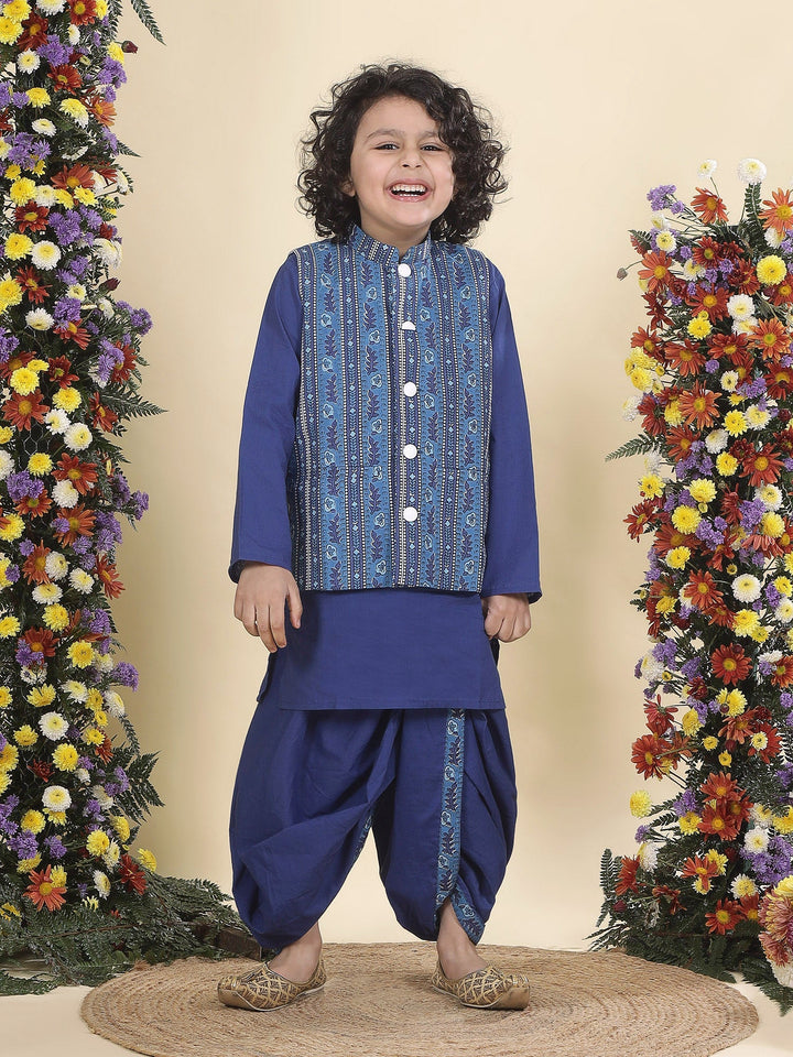 Blue Indigo Floral Bloom Nehru Jacket with Cotton Kurta Dhoti Set | SHOBITAM