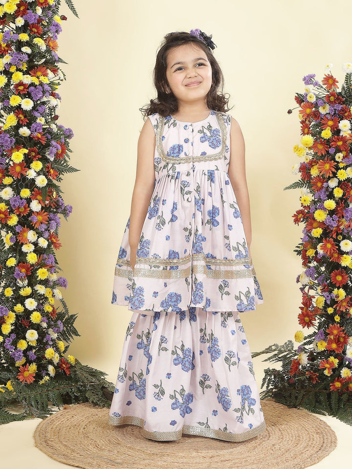 Baby Pink Floral Muslin Kurta with Sharara Set | SHOBITAM