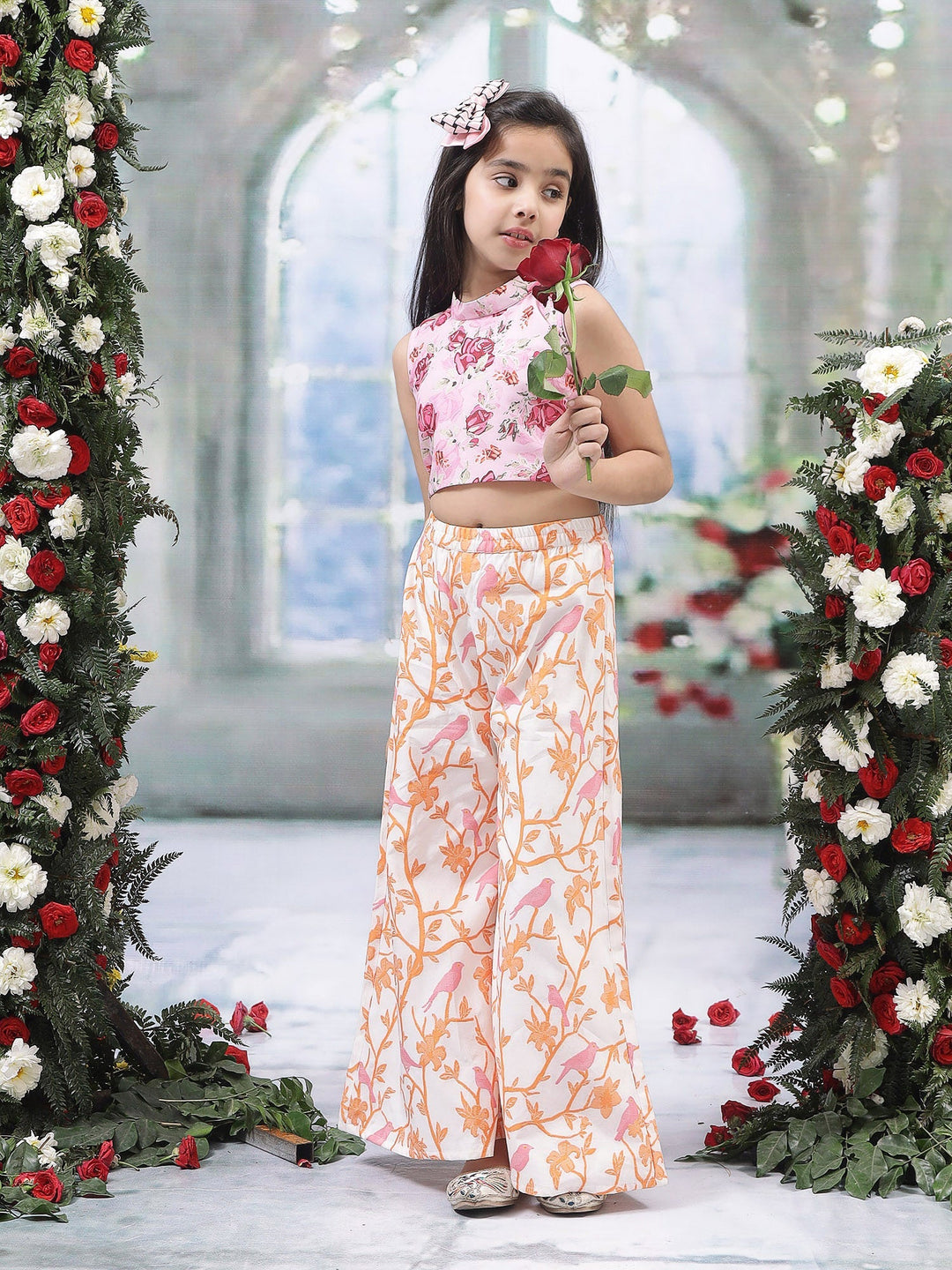Pink Rose Top with Fauna Embroidery Cotton Plazzo  | SHOBITAM