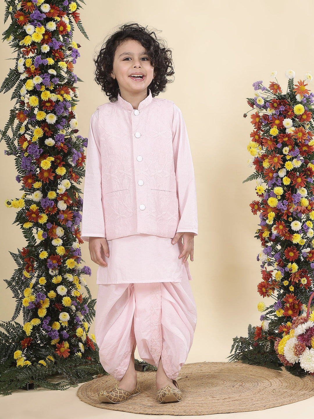 Baby Pink Floral Embroidery Nehru Jacket with Cotton Kurta Dhoti | SHOBITAM