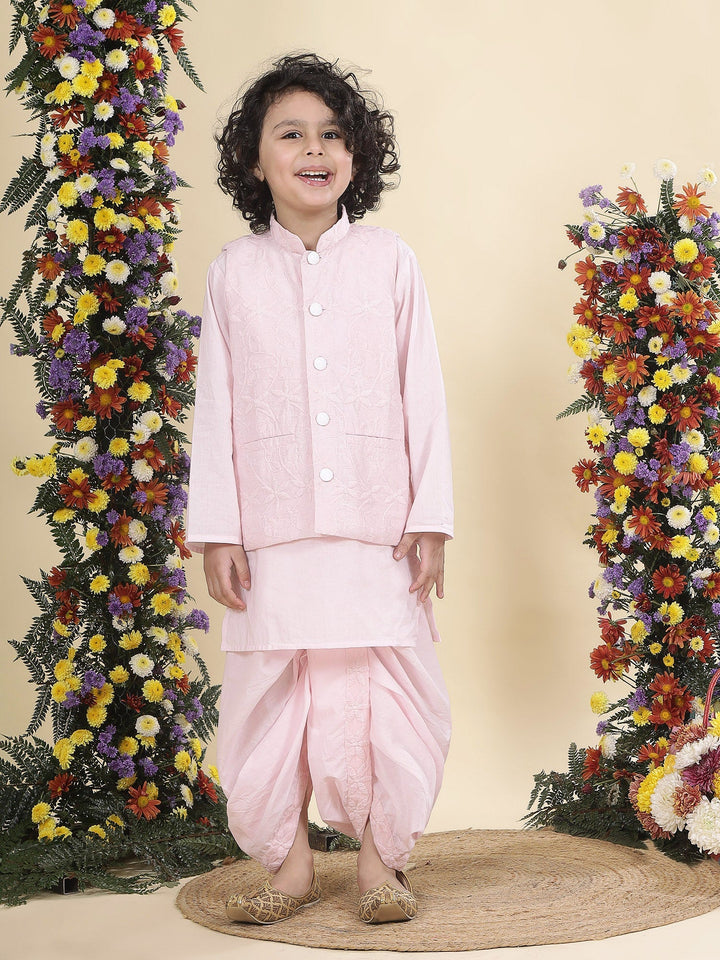 Baby Pink Floral Embroidery Nehru Jacket with Cotton Kurta Dhoti | SHOBITAM