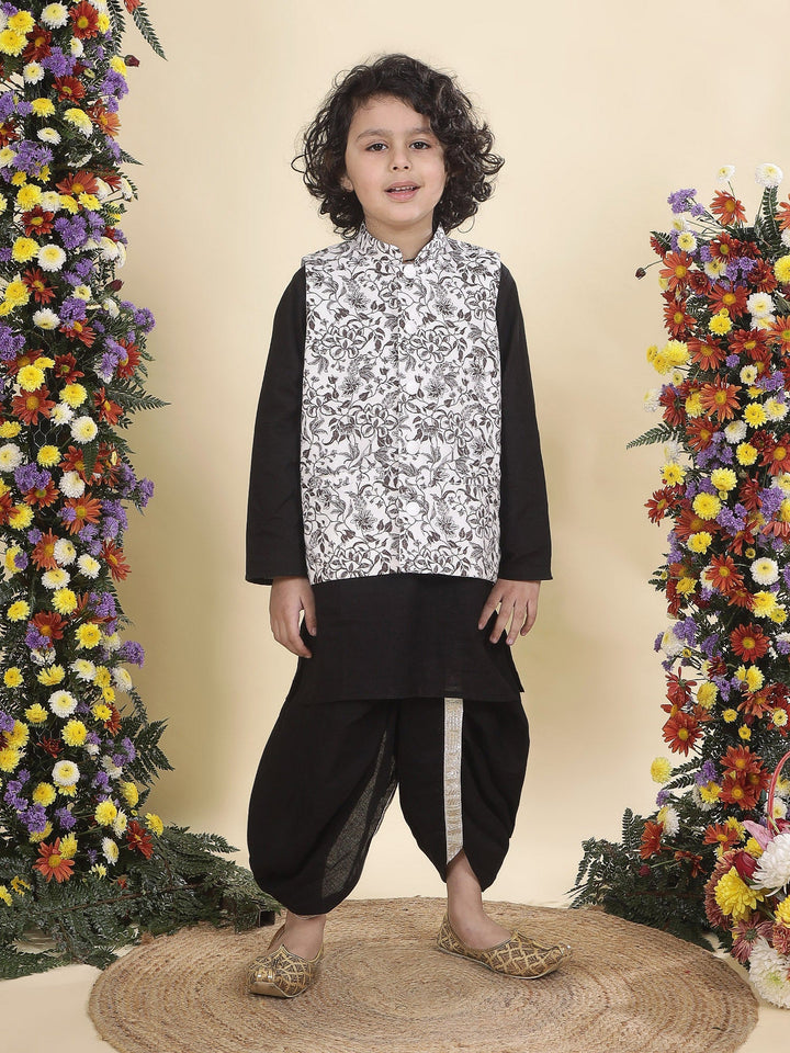 White Floral Nehru Jacket with Black Cotton Kurta Dhoti Set | SHOBITAM