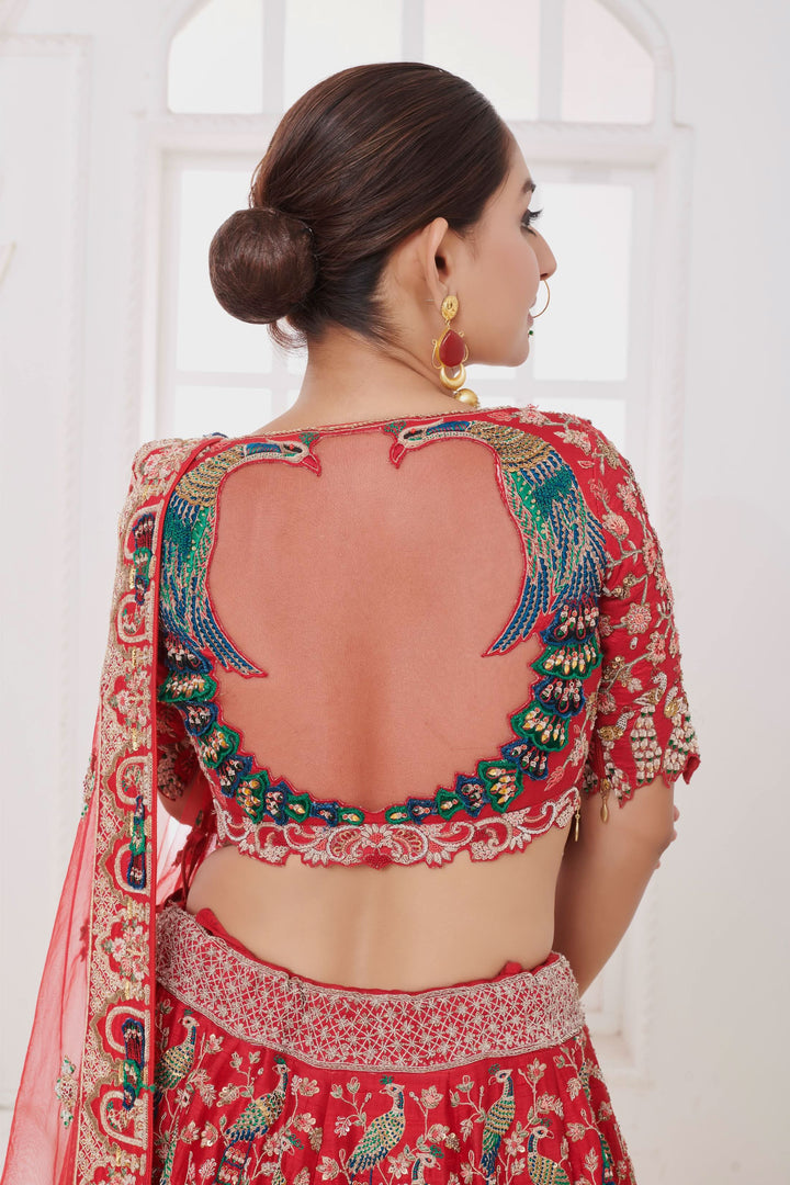 Crimson Mirage Raw Silk Lehenga with Elephant motifs, Customizable, Made to Order