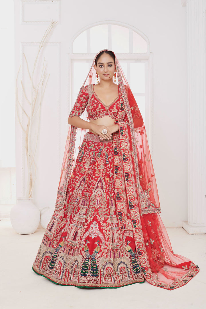 Crimson Mirage Raw Silk Lehenga with Elephant motifs, Customizable, Made to Order