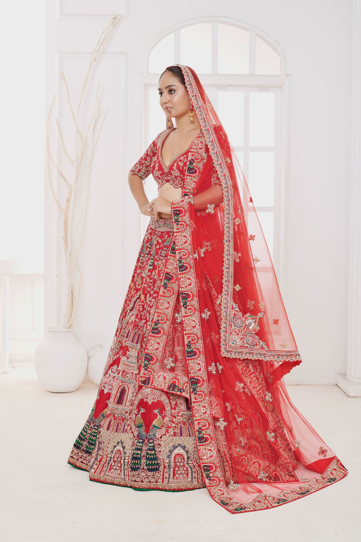 Crimson Mirage Raw Silk Lehenga with Elephant motifs, Customizable, Made to Order