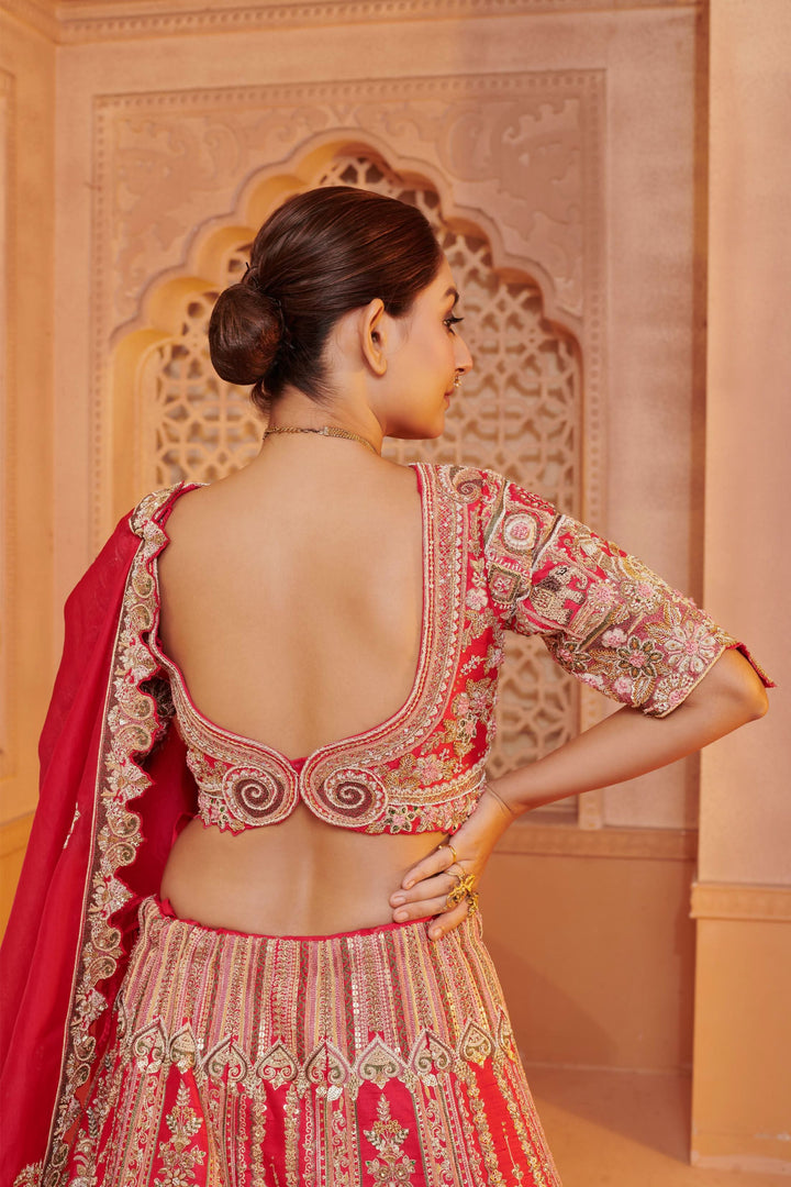 Exotic Lehenga with 3d Bride Motifs, full meenakari handwork and double dupattas, Customizable, Made to Order