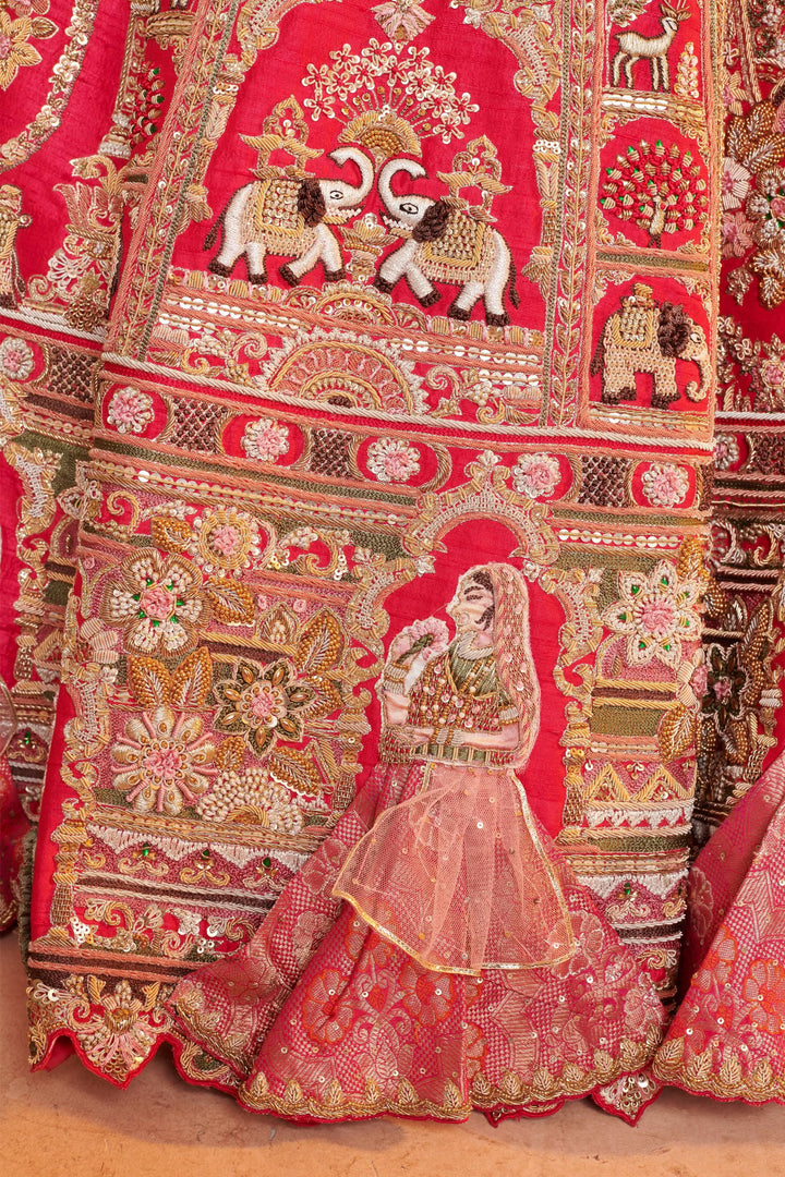 Exotic Lehenga with 3d Bride Motifs, full meenakari handwork and double dupattas, Customizable, Made to Order