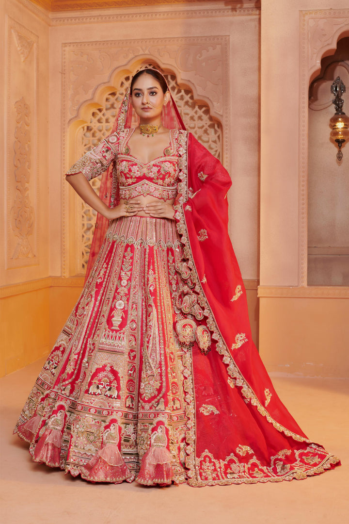 Exotic Lehenga with 3d Bride Motifs, full meenakari handwork and double dupattas, Customizable, Made to Order