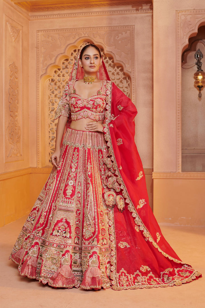 Exotic Lehenga with 3d Bride Motifs, full meenakari handwork and double dupattas, Customizable, Made to Order