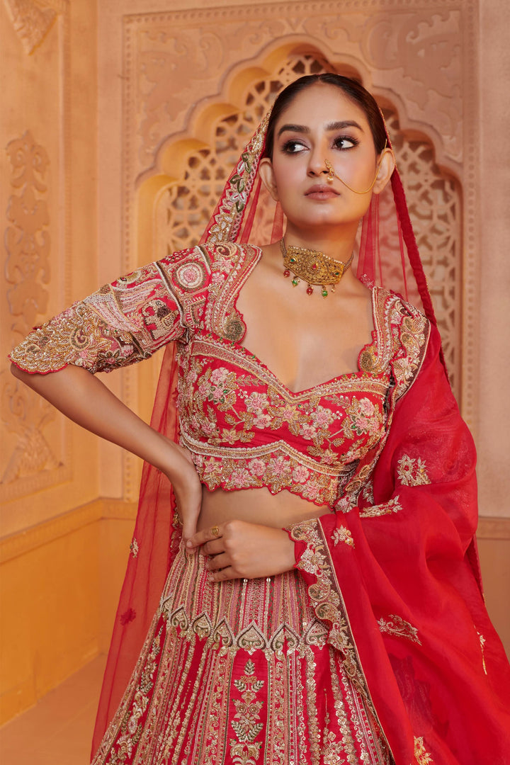 Exotic Lehenga with 3d Bride Motifs, full meenakari handwork and double dupattas, Customizable, Made to Order