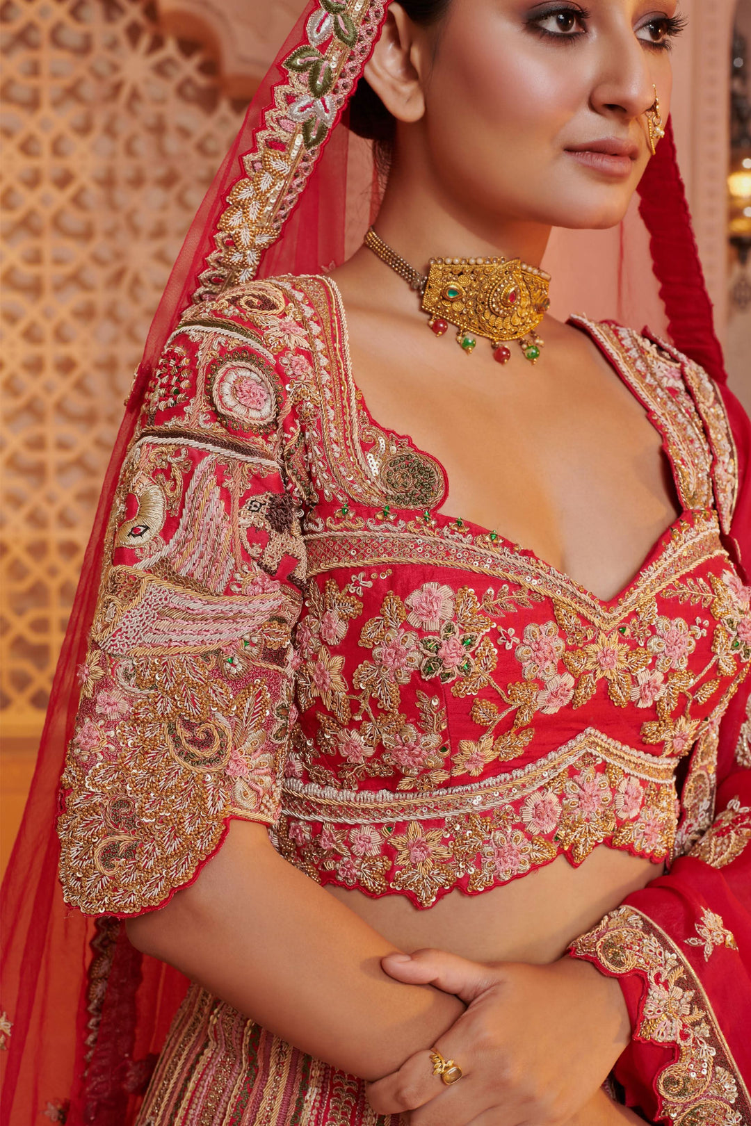 Exotic Lehenga with 3d Bride Motifs, full meenakari handwork and double dupattas, Customizable, Made to Order