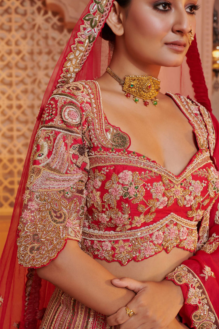 Exotic Lehenga with 3d Bride Motifs, full meenakari handwork and double dupattas, Customizable, Made to Order