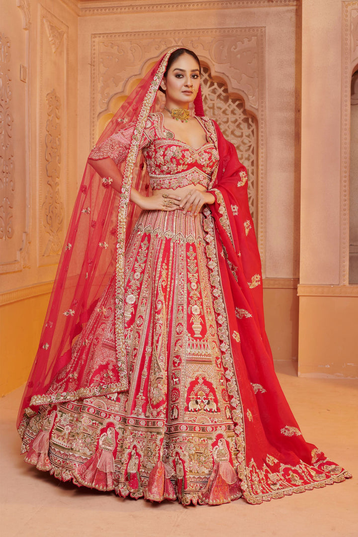 Exotic Lehenga with 3d Bride Motifs, full meenakari handwork and double dupattas, Customizable, Made to Order