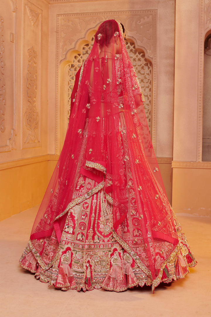 Exotic Lehenga with 3d Bride Motifs, full meenakari handwork and double dupattas, Customizable, Made to Order
