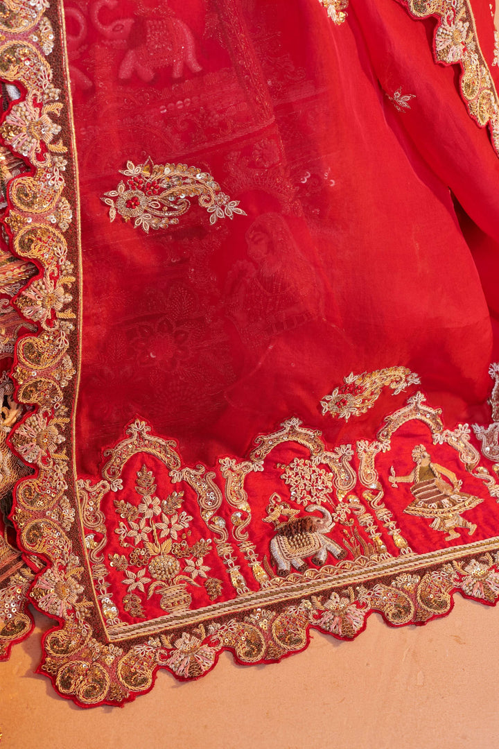 Exotic Lehenga with 3d Bride Motifs, full meenakari handwork and double dupattas, Customizable, Made to Order