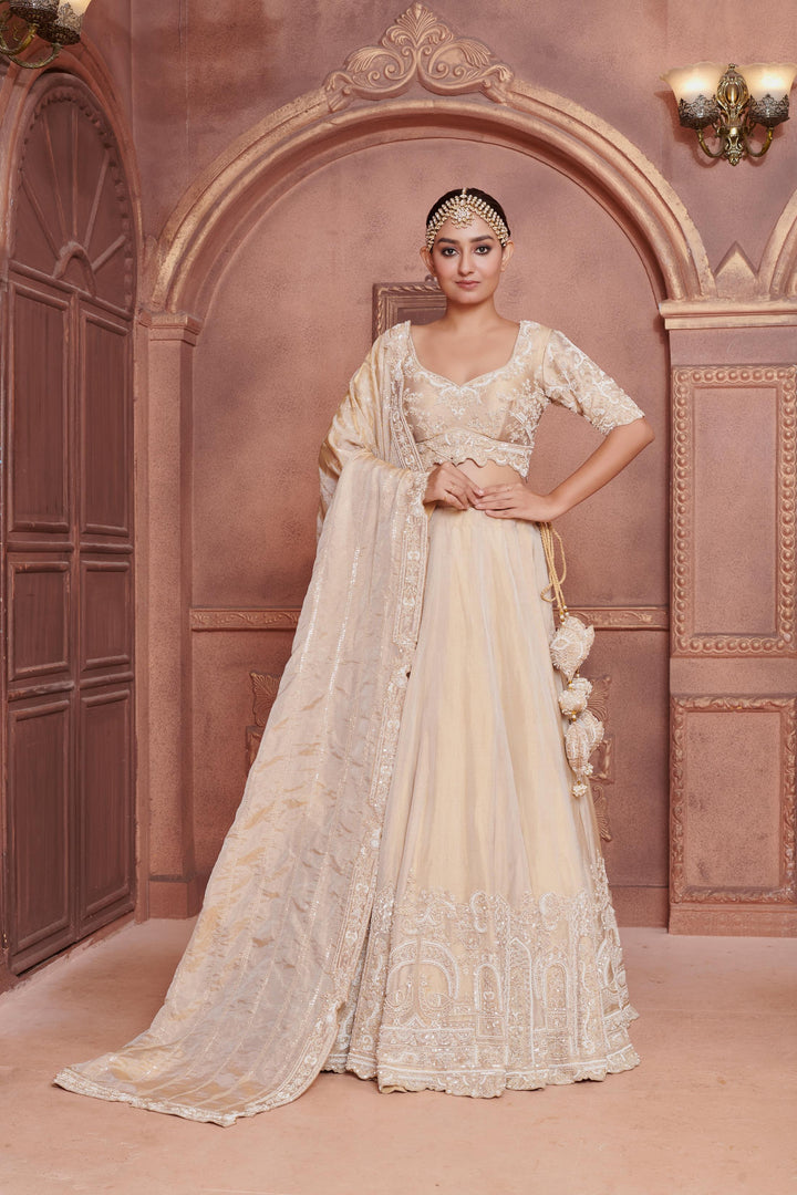 Jasmine Lehenga with peacock motifs in pearls, Customizable, Made to Order