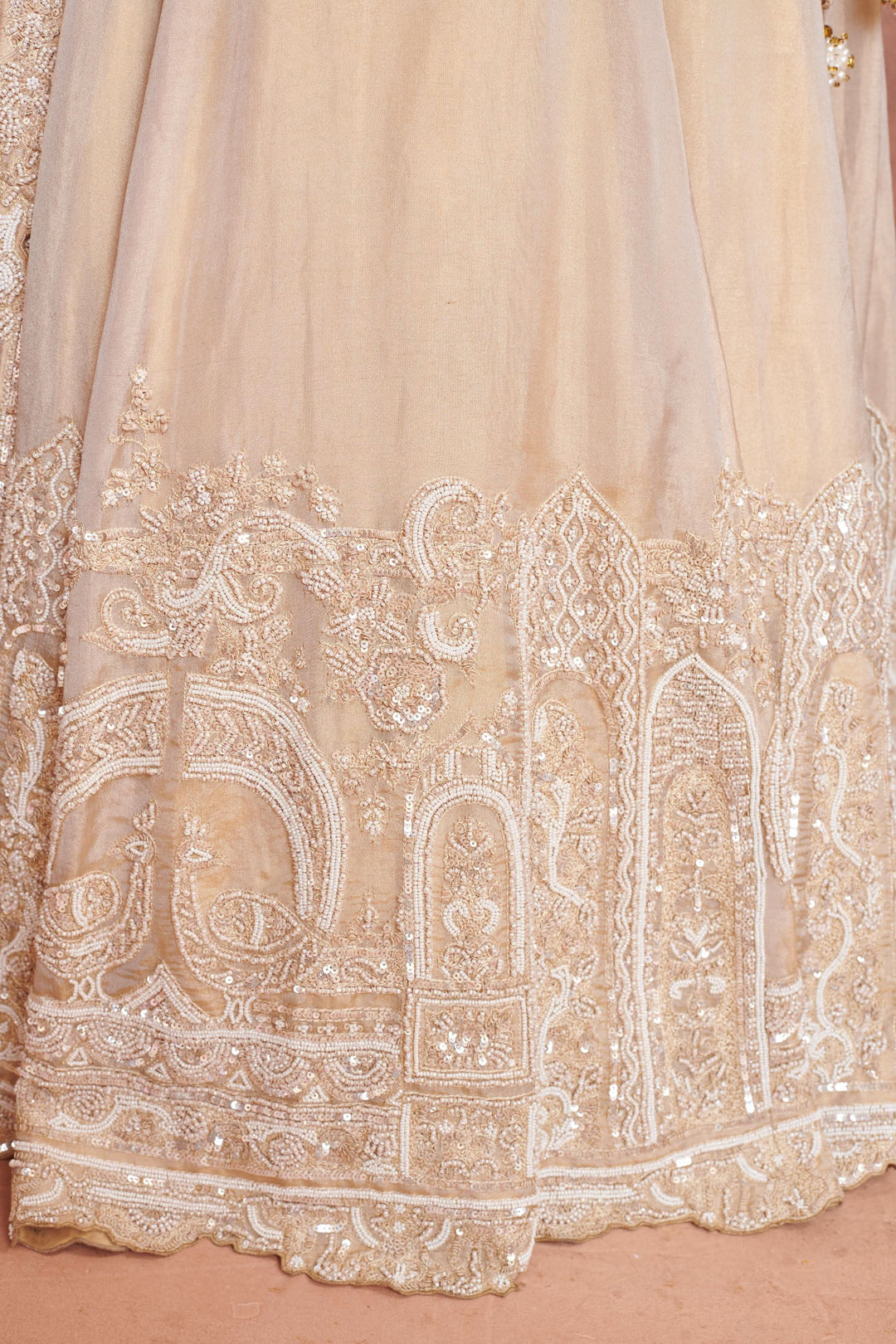 Jasmine Lehenga with peacock motifs in pearls, Customizable, Made to Order