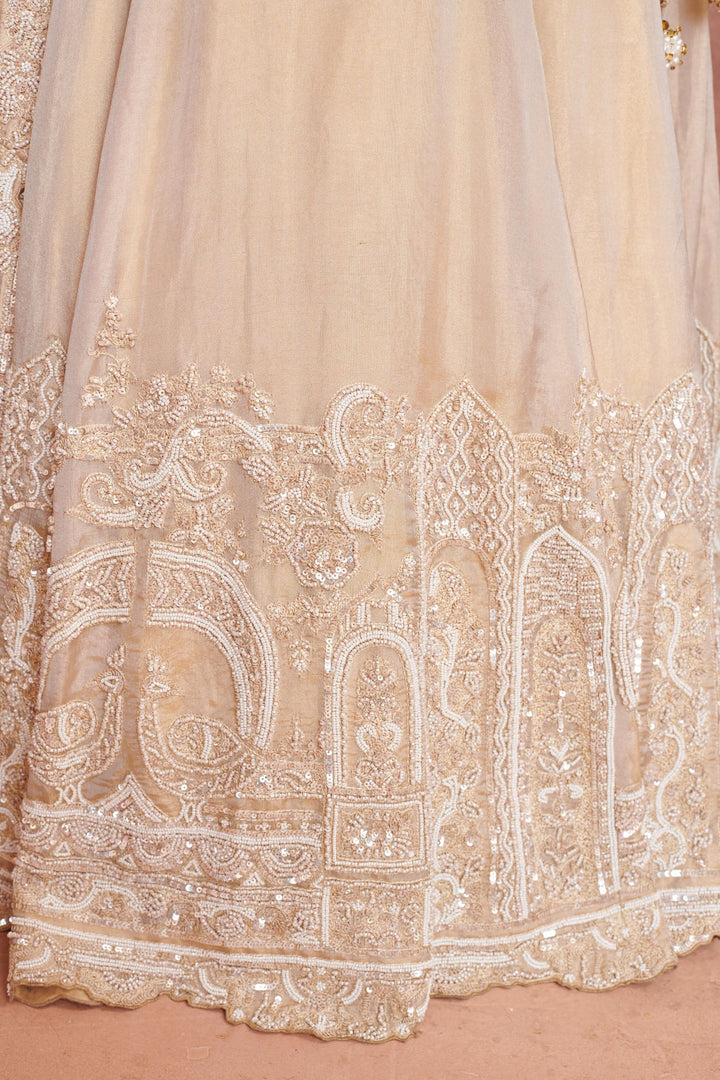 Jasmine Lehenga with peacock motifs in pearls, Customizable, Made to Order