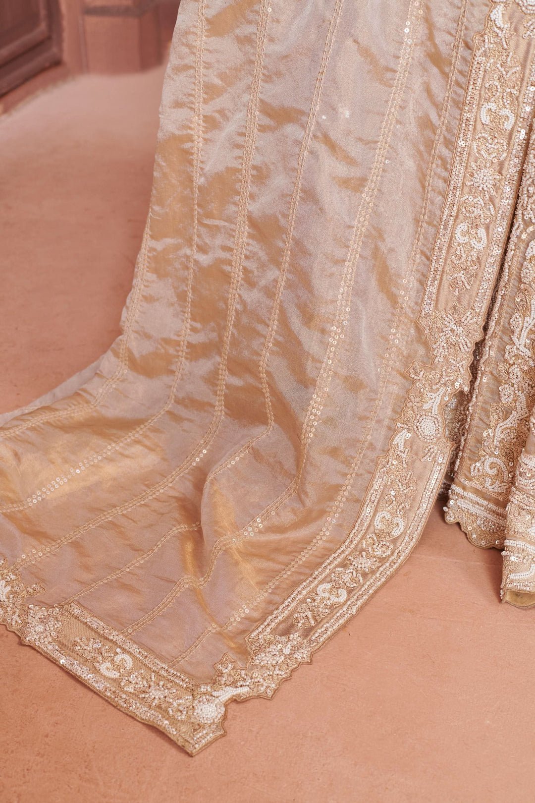 Jasmine Lehenga with peacock motifs in pearls, Customizable, Made to Order
