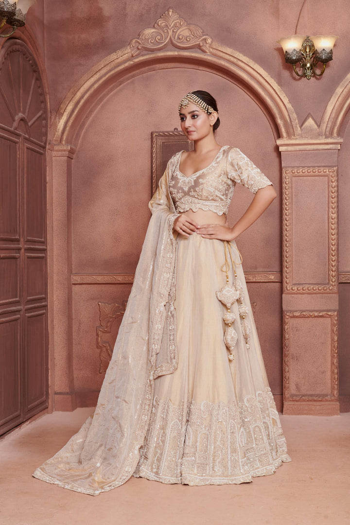 Jasmine Lehenga with peacock motifs in pearls, Customizable, Made to Order