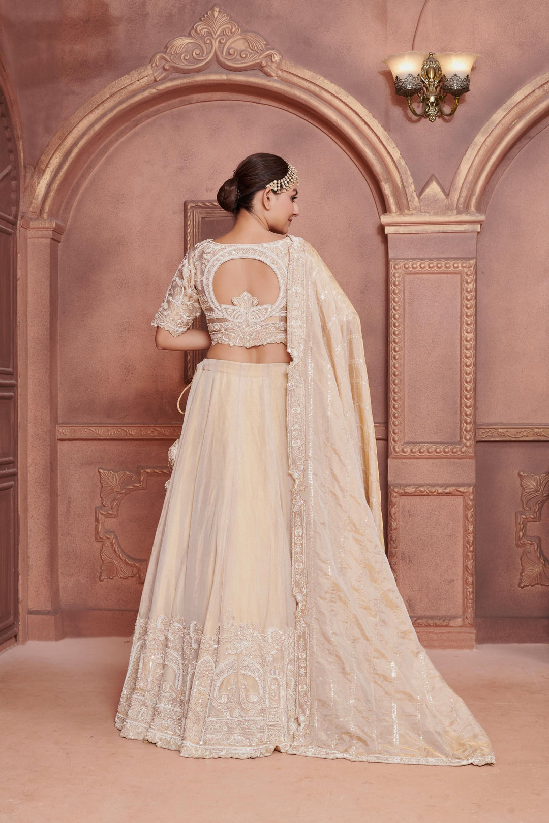 Jasmine Lehenga with peacock motifs in pearls, Customizable, Made to Order