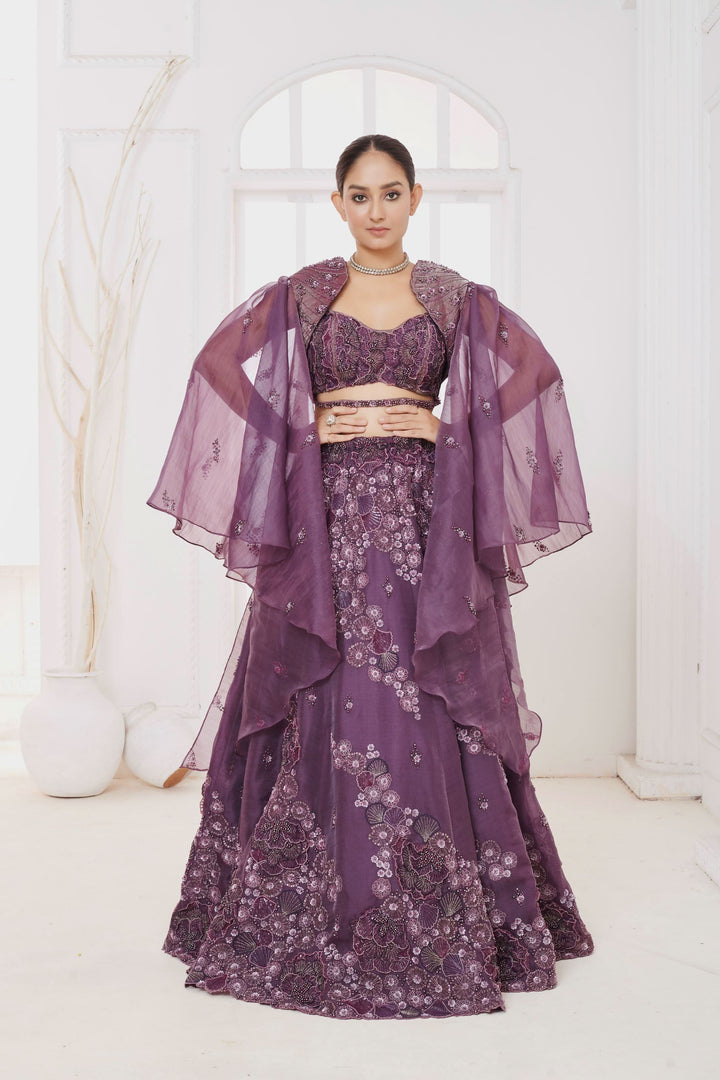 Amethyst Blaze Lehenga with Cape, Customizable, Made to Order