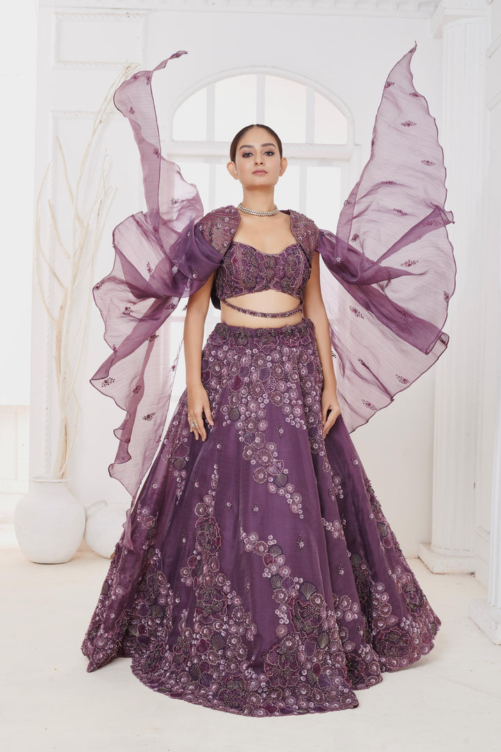 Amethyst Blaze Lehenga with Cape, Customizable, Made to Order
