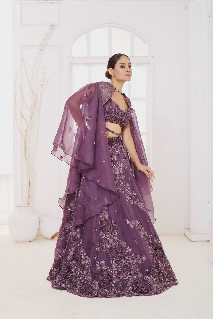 Amethyst Blaze Lehenga with Cape, Customizable, Made to Order