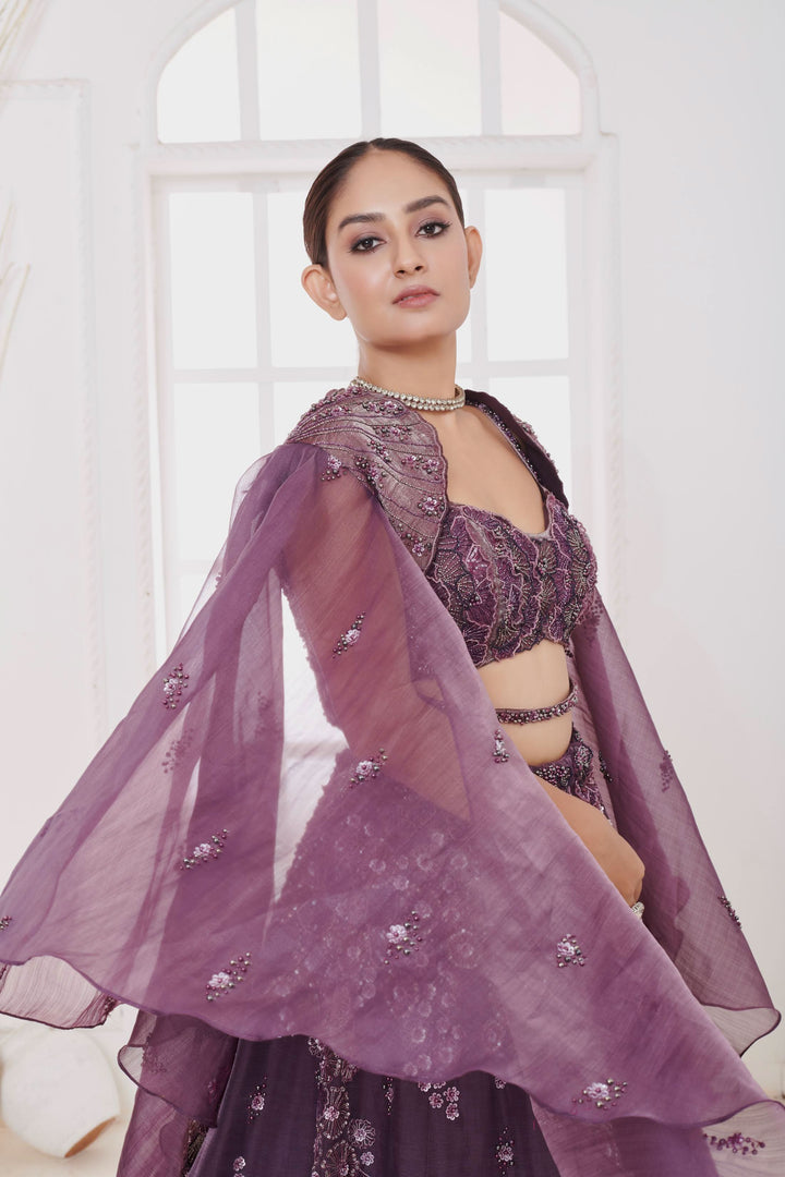 Amethyst Blaze Lehenga with Cape, Customizable, Made to Order