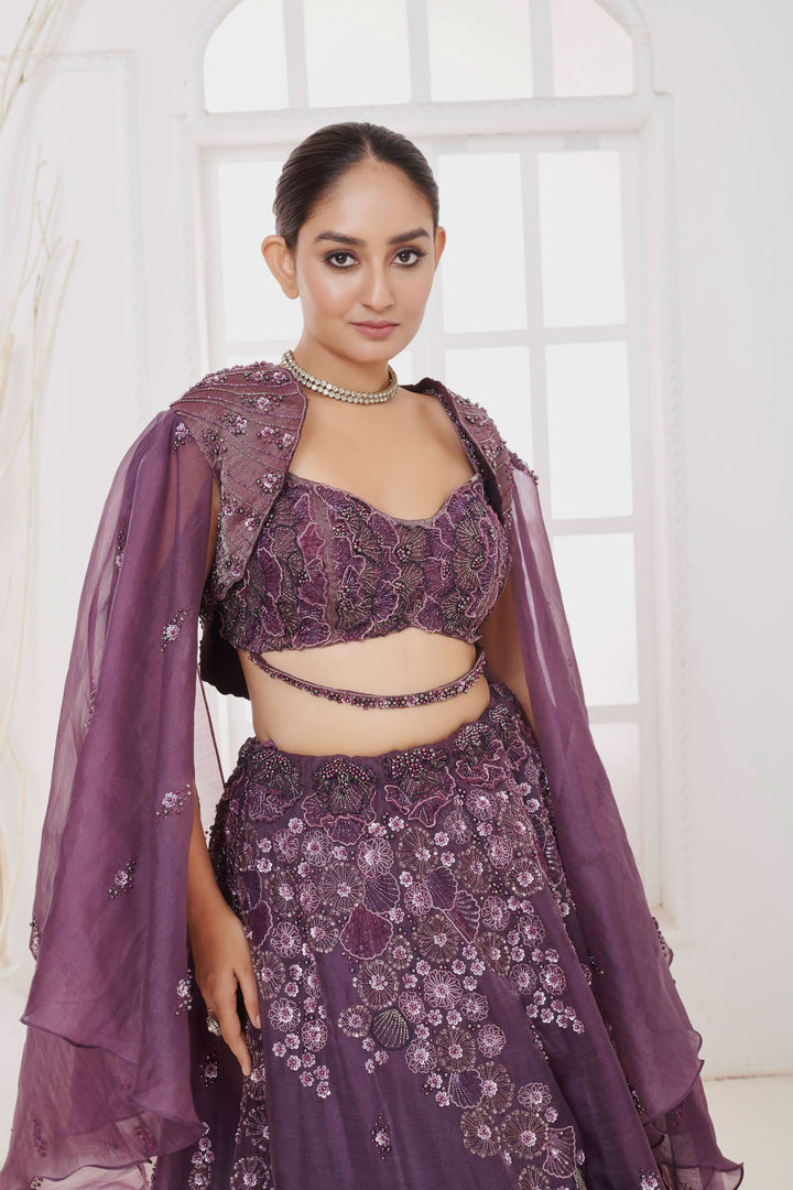 Amethyst Blaze Lehenga with Cape, Customizable, Made to Order
