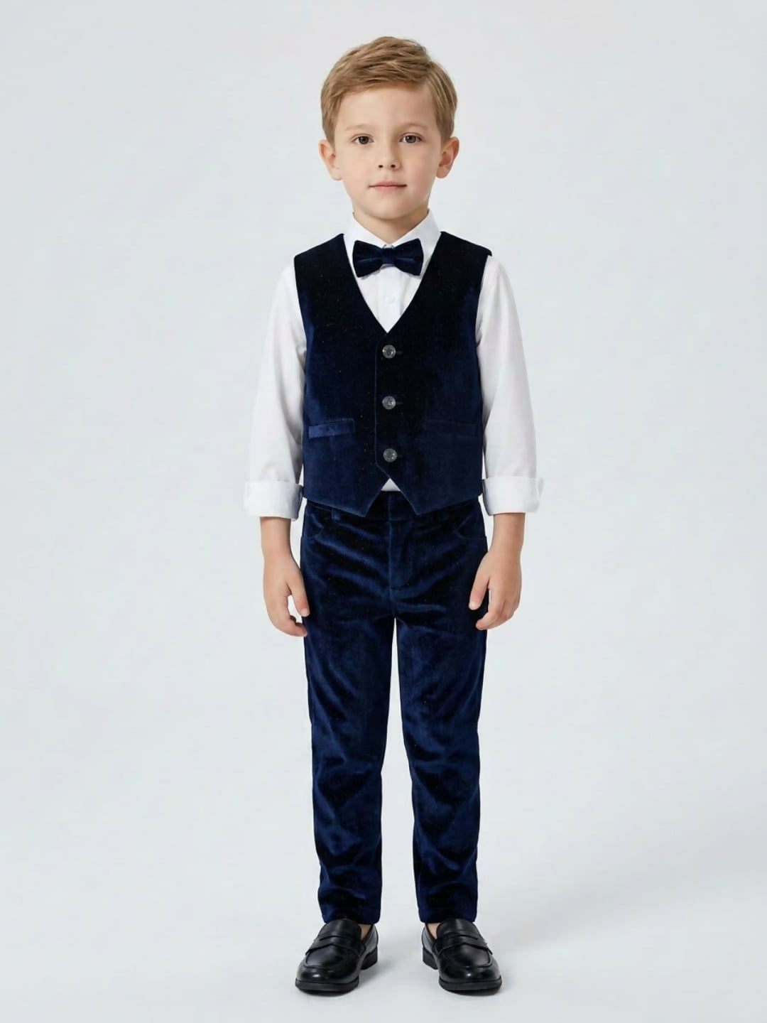 Boys Formal Blue Waistcoat Suit Set with Shirt, Trousers and Bow Tie | SHOBITAM