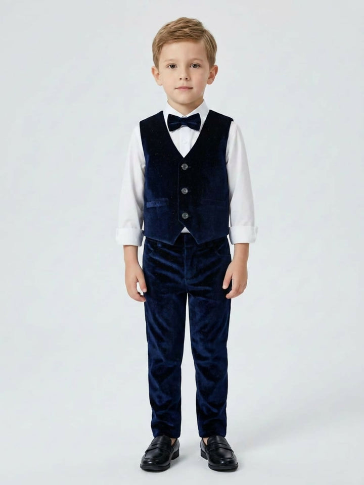 Boys Formal Blue Waistcoat Suit Set with Shirt, Trousers and Bow Tie | SHOBITAM